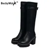 Herbst Benutzerdefinierte Kniehohe Stiefel Frauen Mode Plattform High Heel Leder Schuhe Frau Winter Motorrad Stiefel Große Größe 43 WSH 3471