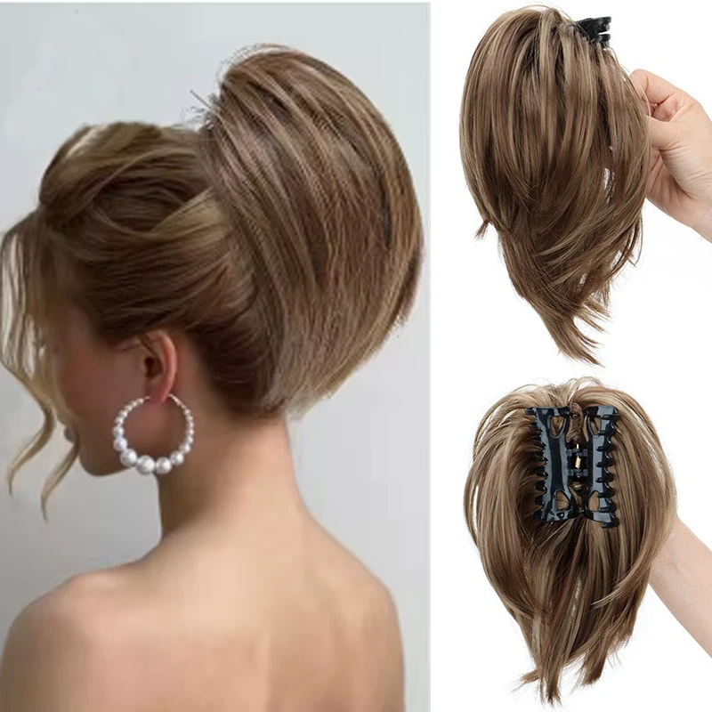 H&STAR Kunsthaarverlängerung, gerade, vollständig kurze Pferdeschwanzverlängerung, Haar-Accessoires, Krallenclip-Haarteil für Frauen Image