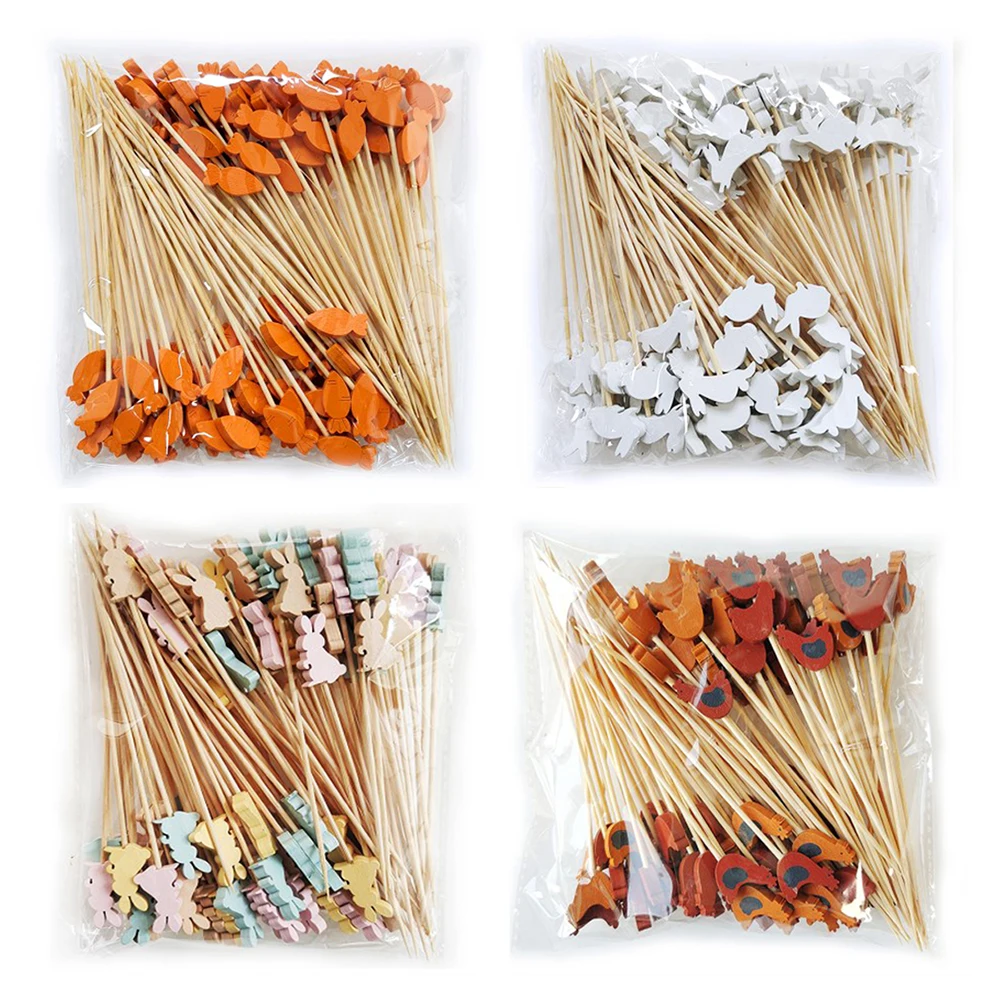 100Pcs Ostern Einweg Hase Bambus Skrewers Niedlichen Kaninchen Karotte Küken Essen Picks Obst Stick Für Ostern Party Tisch Dekoration Image