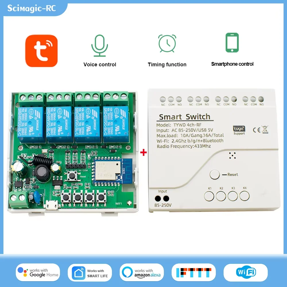 4-Kanal Tuya WiFi Smart Switch AC/DC 7-32V AC 85-250V Relaismodul RF 433MHz Fernbedienungsunterbrecher für Lichtmotor Image