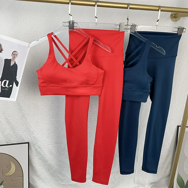 2025 2-teilige Yoga-Anzüge mit überkreuztem Rücken, Sport-BH, dehnbar, hohe Taille, sportliche Leggings, atmungsaktiv, Laufen, Outdoor, Pilates, Sportbekleidung Image