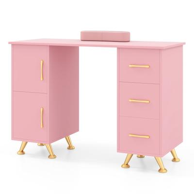 Costway Wooden Manicure Table Nail Desk with Drawers Wrist Rest-Pink