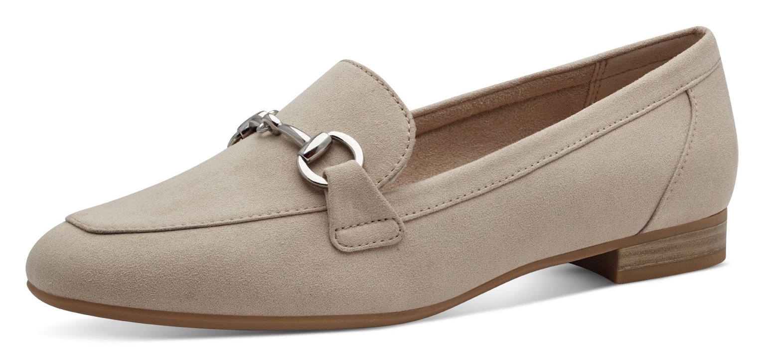 Slipper MARCO TOZZI, Damen, Gr. 42, beige (sand), Textil, unifarben, Schuhe Slipper, Blockabsatz, Loafer, Businessschuh mit Schmuckspange
