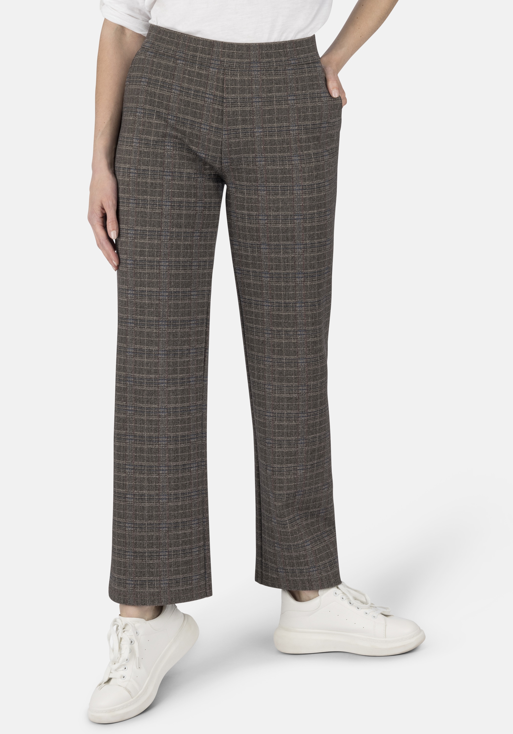 Schlupfhose STOOKER WOMEN "Mary Jersey Wide leg fit", Damen, Gr. 40, Länge 30, braun (braun check), Jersey, 67% Viskose, 27% Polyamid, 6% Elasthan, weit lang, Hosen Schlupfhose, Wide Leg Fit Casual Clean Wash Jersey für Damen