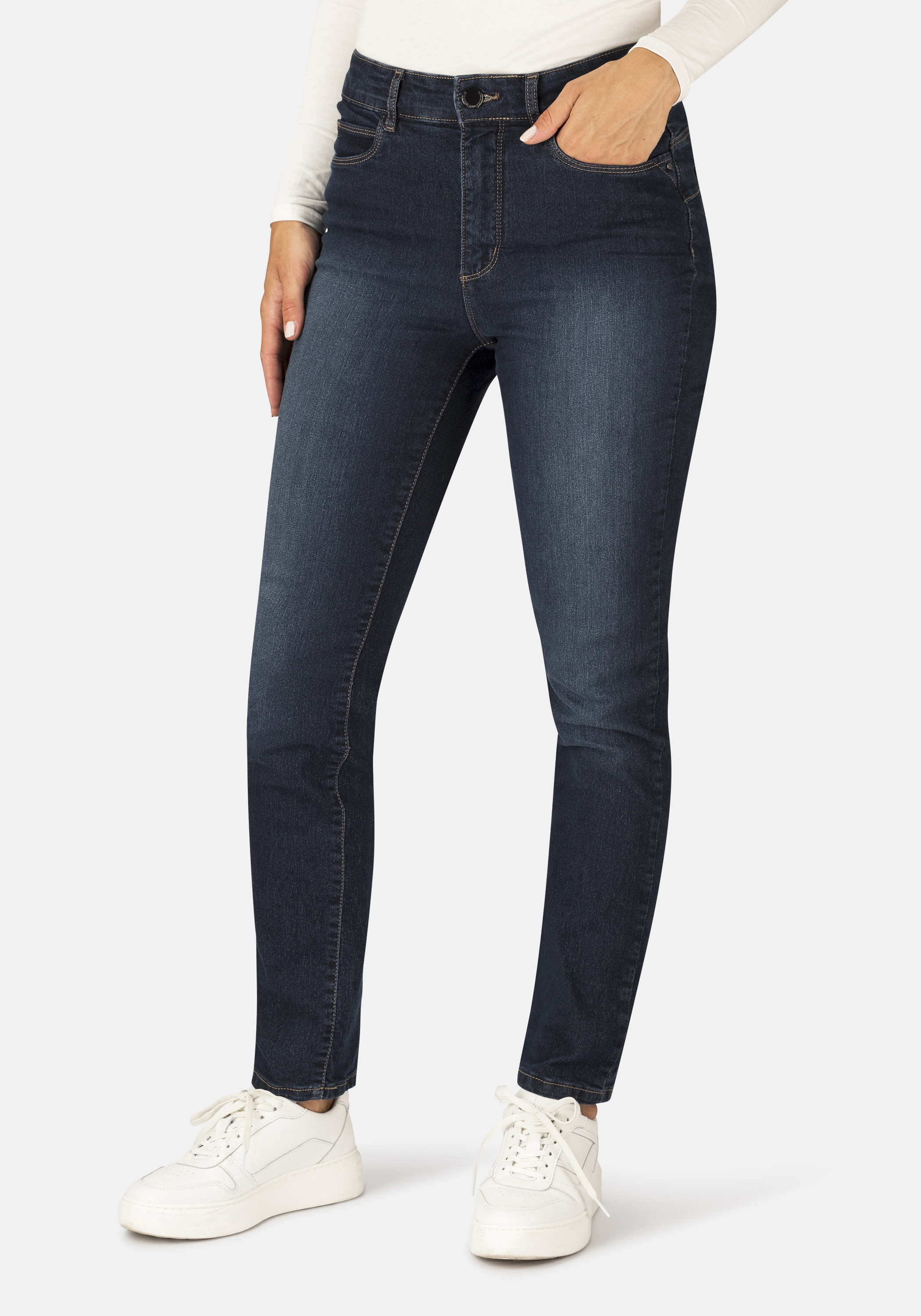 5-Pocket-Jeans STOOKER WOMEN "Milano Denim Basic Magic Shape Fit", Damen, Gr. 42, Länge 32, blau (medium blau), Denim/Jeans, 76% Baumwolle, 22% Polyester, 2% Elasthan, schmal lang, Jeans 5-Pocket-Jeans, Casual Clean Wash Denim Jeans Magic Shape...
