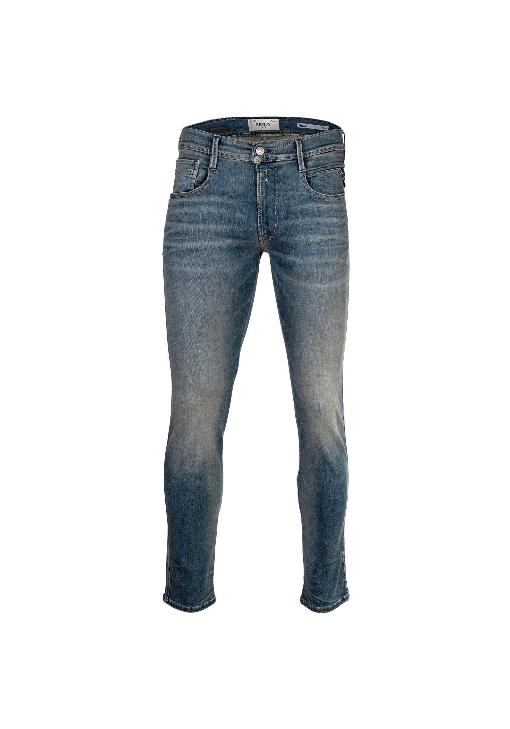 Skinny-fit-Jeans REPLAY "Jeans Hyperflex Stretch ANBASS", Herren, Gr. 32, N-Gr, blau (hellblau), Obermaterial: 91% Baumwolle CO. 6% Elastomultiester ELE. 3% Elasthan EL., Jeans