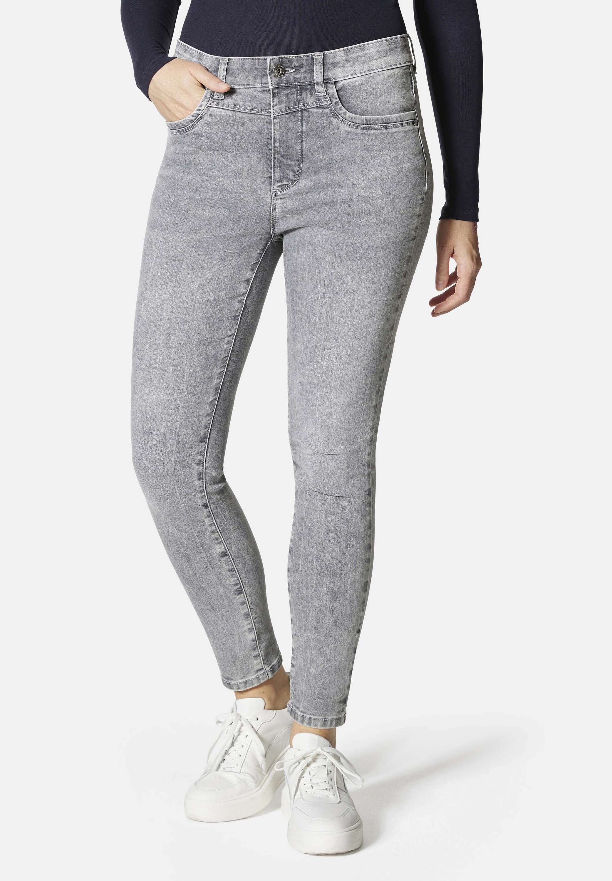 5-Pocket-Jeans STOOKER WOMEN "Rio Fexxi Move Strass Skinny Fit", Damen, Gr. 46, Länge 30, grau (grau bleached), Denim/Jeans, 83% Baumwolle, 16% recycled Polyester, 1% Elasthan, skinny fit lang, Jeans 5-Pocket-Jeans, Skinny Fit Casual Clean Wash...