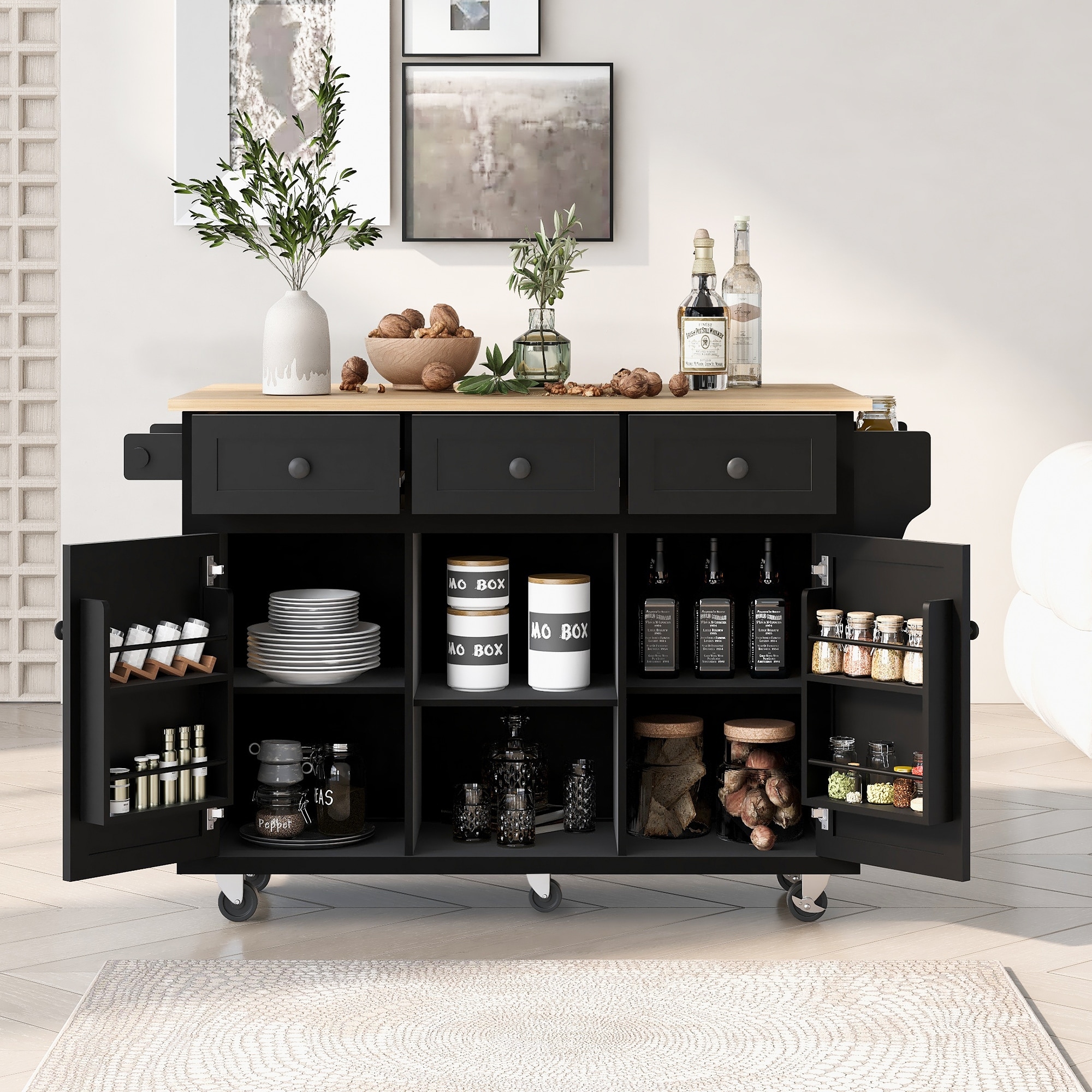 Kitchen Island Cart with Rubber Wood Drop Leaf Countertop and Open Storage and Drawers and Spice Rack Towel Rack