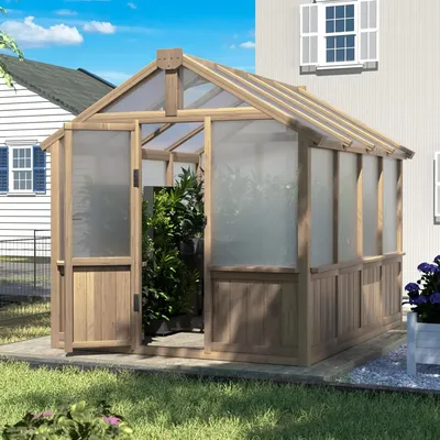 6x8 FT Greenhouse Kit for Outdoor, Polycarbonate Wooden Walk-in Green House with Lockable Door and