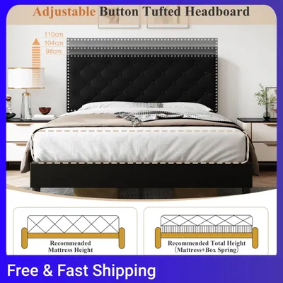 Velvet Platform Bed Frame with Solid Wood Slat and Mute Foam,4ft6 Double Upholstered Velvet Bed Frame Adjustable Button-Tufted