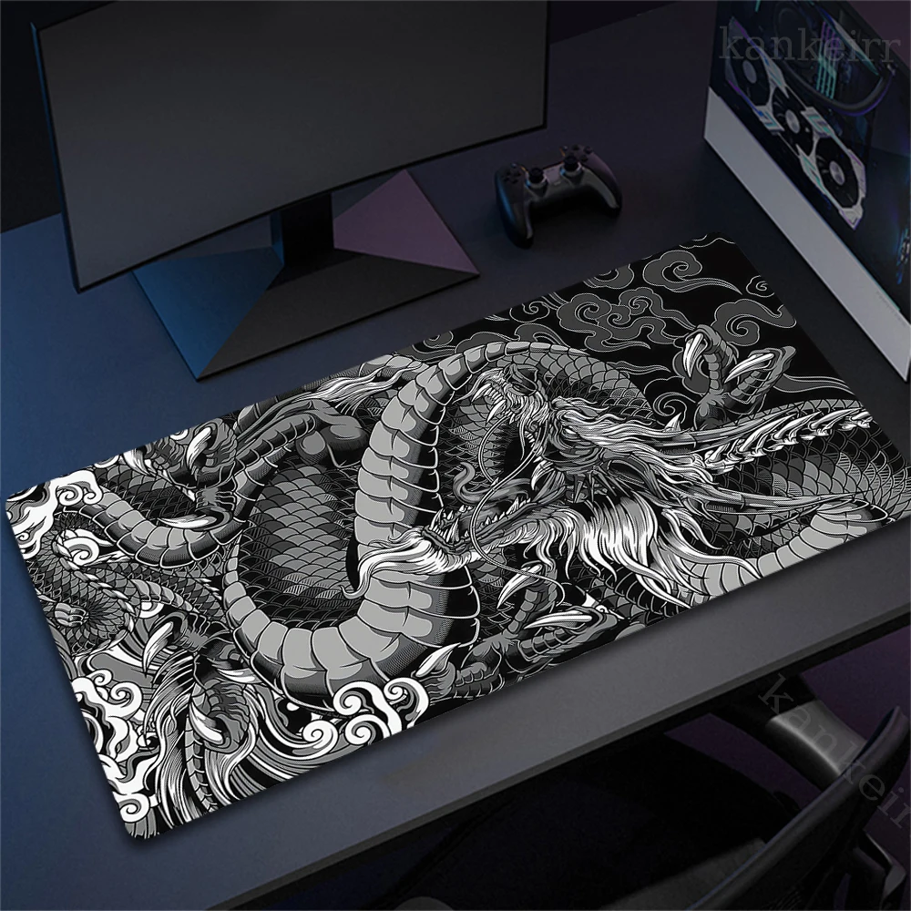 Schwarz-weißes Drachen-Mauspad, große Gaming-Mauspads, Computer-Mauspad, 90 x 40 cm, Schreibtischunterlage für PC-Tastaturmatten, Tisch Image