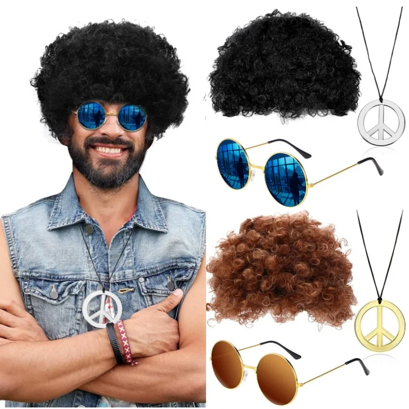 Männer synthetische Perücke Hut lockiges Haar Kappe Sonnenbrille Halskette 3 PCS Set lustige 70er Jahre Disco Hippie Haar Requisiten Party Hip Hop Tanz Kostüm