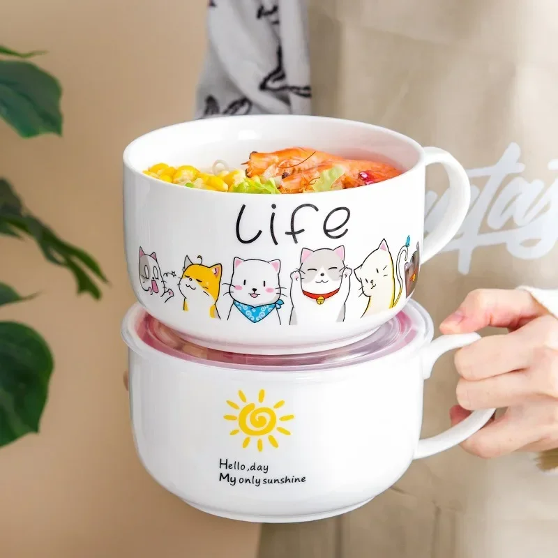 Japanese Cartoon Ceramic Instant Noodle Bowl Household with Handle Leakproof Noodles Soup Bowl School Student Tableware