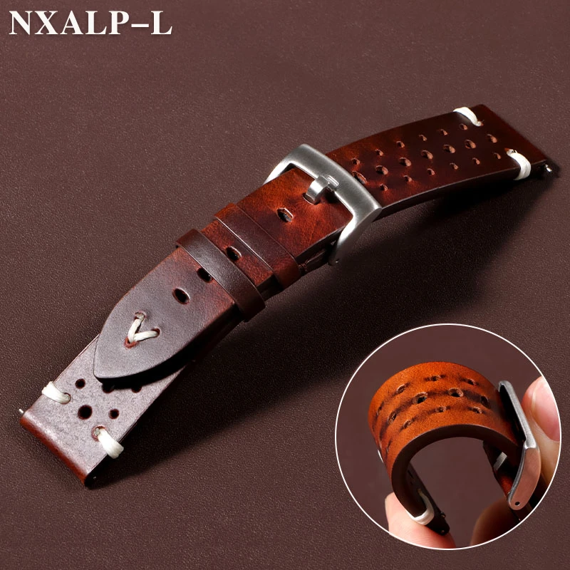 Retro Öl Wachs Verfärbung Leder Uhrenarmband 20mm 22mm handgemachte Nähte Rindsleder Armband atmungsaktiv Schnellverschluss Armband Image