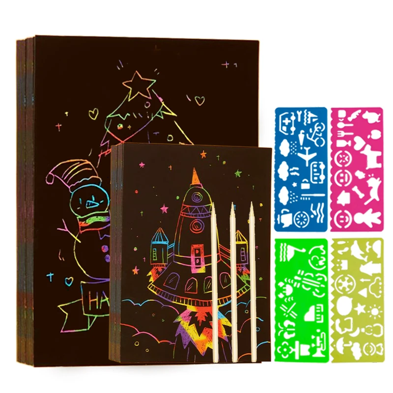 Kratzpapier-Kunstset mit 4 Malvorlagen, Rubbelpapier, Kunsthandwerk-Malsets für Kinder, DIY-Geschenk für Jungen und Mädchen Image