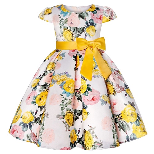Kinder Mädchen Kleid Blumenkleid Blume Kurzarm Jahrestag Party Knotenbinde Schleife Niedlich Prinzessin Süß Polyester Knielang Skaterkleid Kleid mit Falten Blumenkleid Sommer Frühling 4-13 Jahre Image