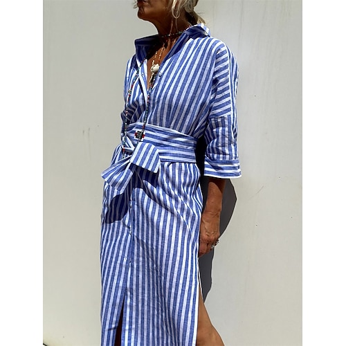 Damen Midikleid Freizeitkleid A Linie Kleid Vintage Niedlich Stilvoll Urlaub Täglich Lässiger Schnitt Gestreift Halbarm Hemdkragen Rosa Blau Sommer Frühling Herbst Image