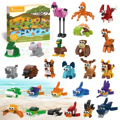 Tenhorses Party Favors for Kids Building Set, 26 Pack Animals Building Block Toy Valentines