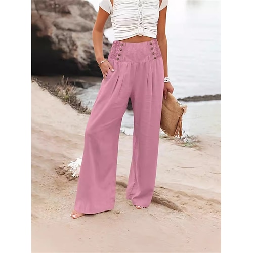 Damen Kunstbaumwollleinen Weite Hosenbeine Chinos Mode Streetwear Volle Länge Hohe Taille Einfach Tasche Elastischer Bund Bequem Weich Mikroelastisch Outdoor Straße Rosa Armeegrün Sommer Frühling Image