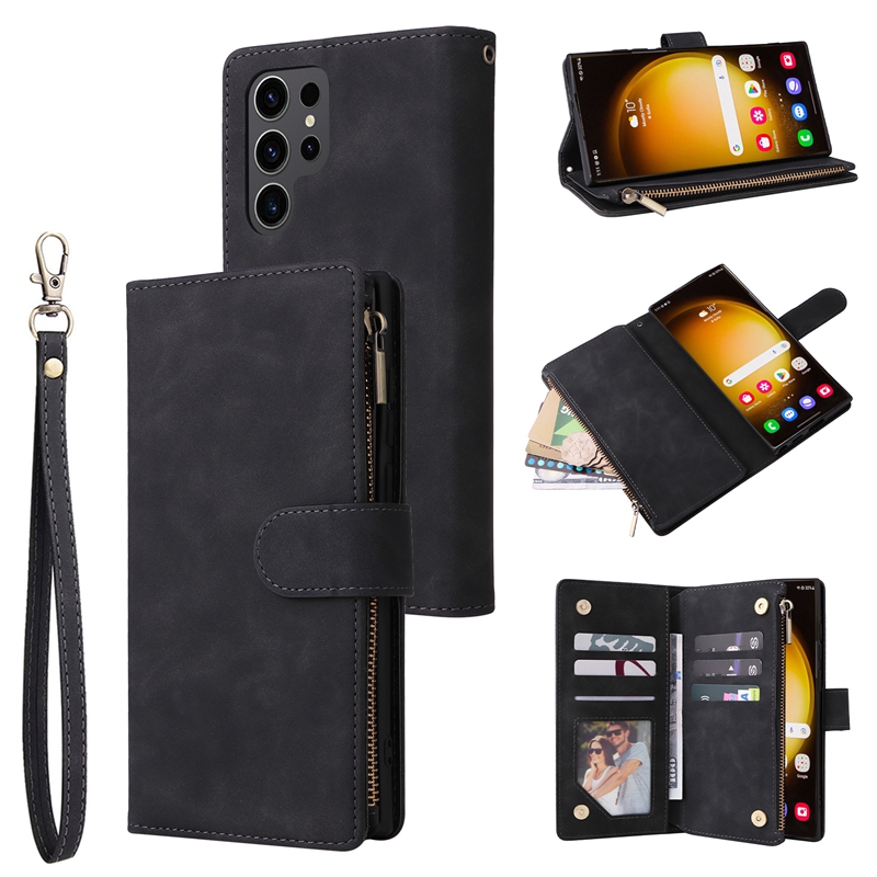 Handy Hülle Handyhüllen Für Samsung Galaxy S26 Ultra Plus S25 S24 S23 S22 S23 FE S21 Ultra Plus S20 A14 A34 Brieftaschenhülle Reisverschluss Mit Handgelenkschlaufe Ständer Retro TPU PU-Leder Image