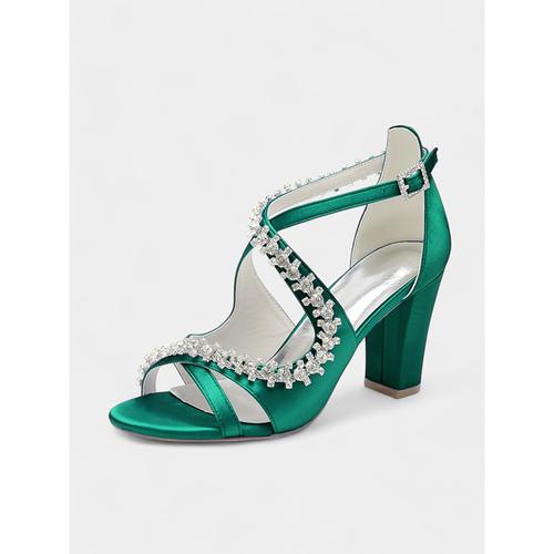 Women's Teal Satin Rhinestone Heeled Sandals – Strappy Cocktail Party Shoes with Block Heels for Weddings Evening Events