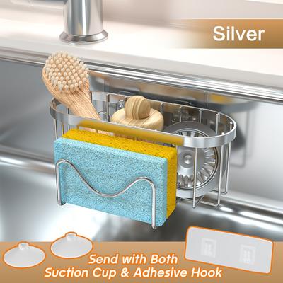 TEMU Stainless Steel 2-in-1 Sponge Holder For Kitchen Sink - Wall-mounted Caddy Organizer With Adhesive Hook & Suction Cup, Sponges, Brushes, And Cleaning Tools, Black For Stylish Sink Organization Image