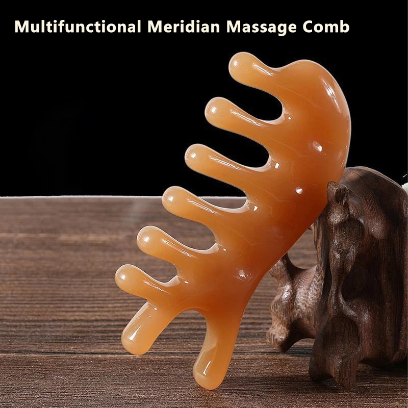 Fünf Zähne Harz Meridian Massage Kamm Kopf Gesicht Hals Akupunktur Therapie Schaber Kopfhaut Entspannung Breit zahn Massage gerät Image