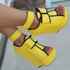 LAIGZEM SUPER Damen Sandalen Kunstleder Plateau Wedges Heels Sandalen Gelbe Schuhe Frau PARTY Club Sandalia Zapato Größe 34-52