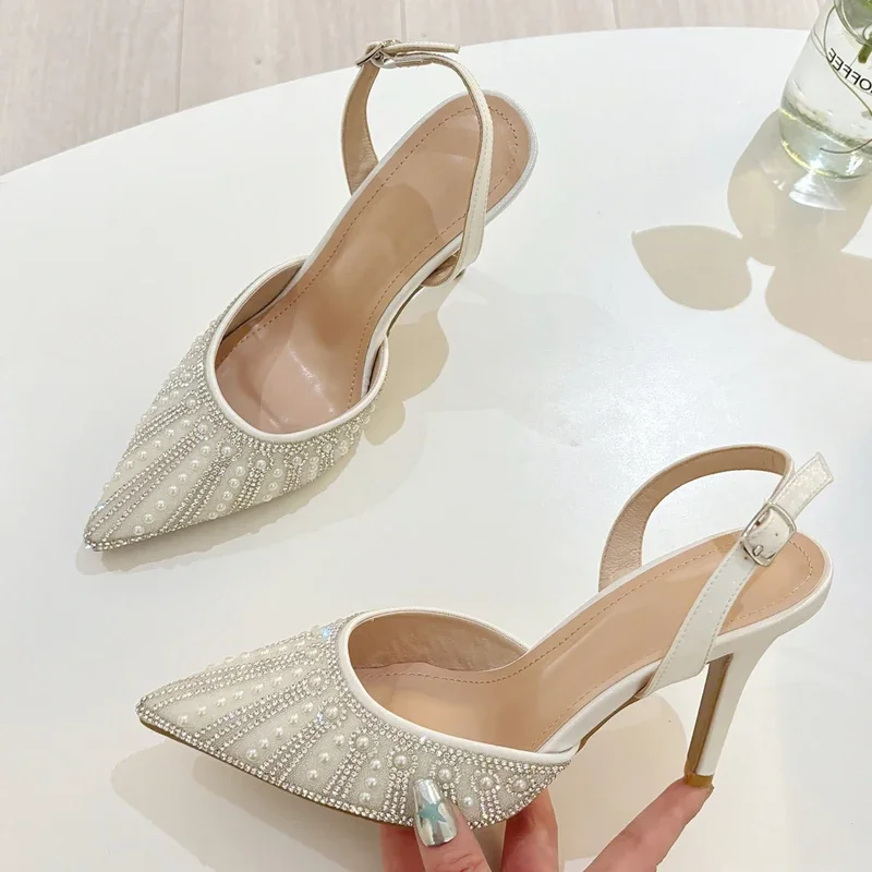 Eilyken Street Style Kristall Perle Schnalle Frauen Pumpen Sandalen Sexy Spitz Dünne High Heels Bankett Party Mule Schuhe
