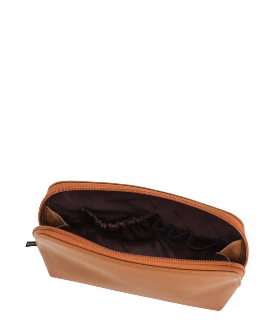 Smith & Canova Womens Soft Grain Leather Zip Top Cosmetic Bag - Tan - One Size | Smith & Canova Sale | Discount Designer Brands