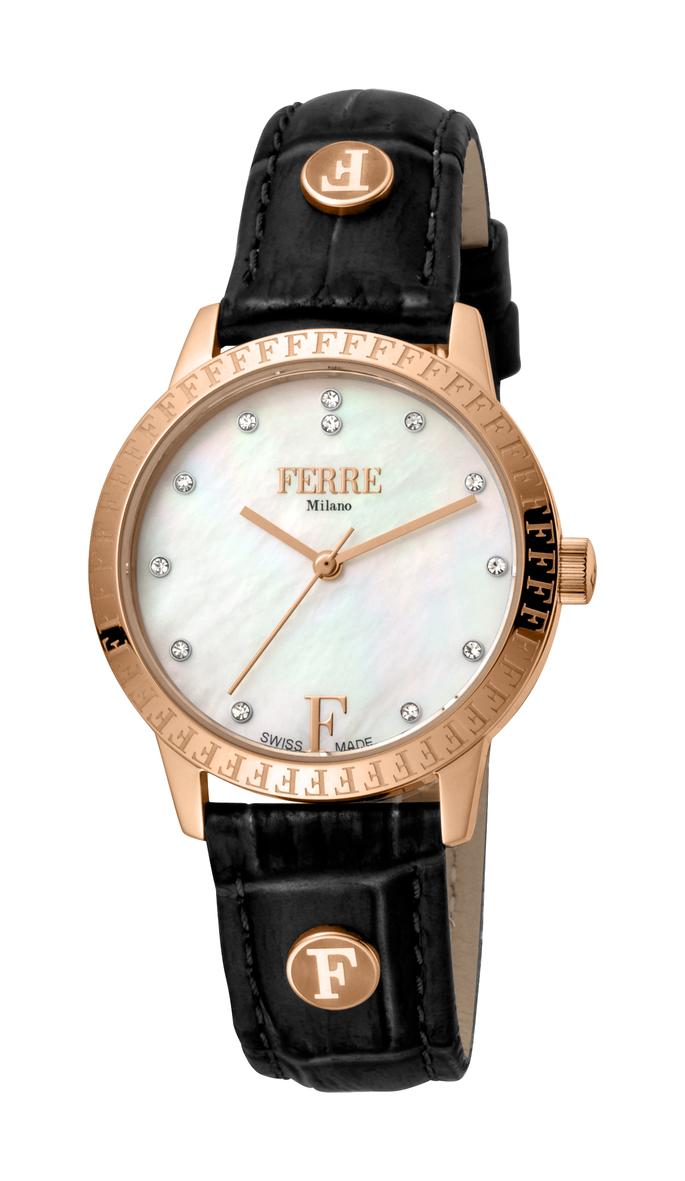 Ferre Milano Womens Ladie's White Mother of Pearl Dial Leather Watch - Black - One Size | Ferre Milano Sale | Discount Designer Brands