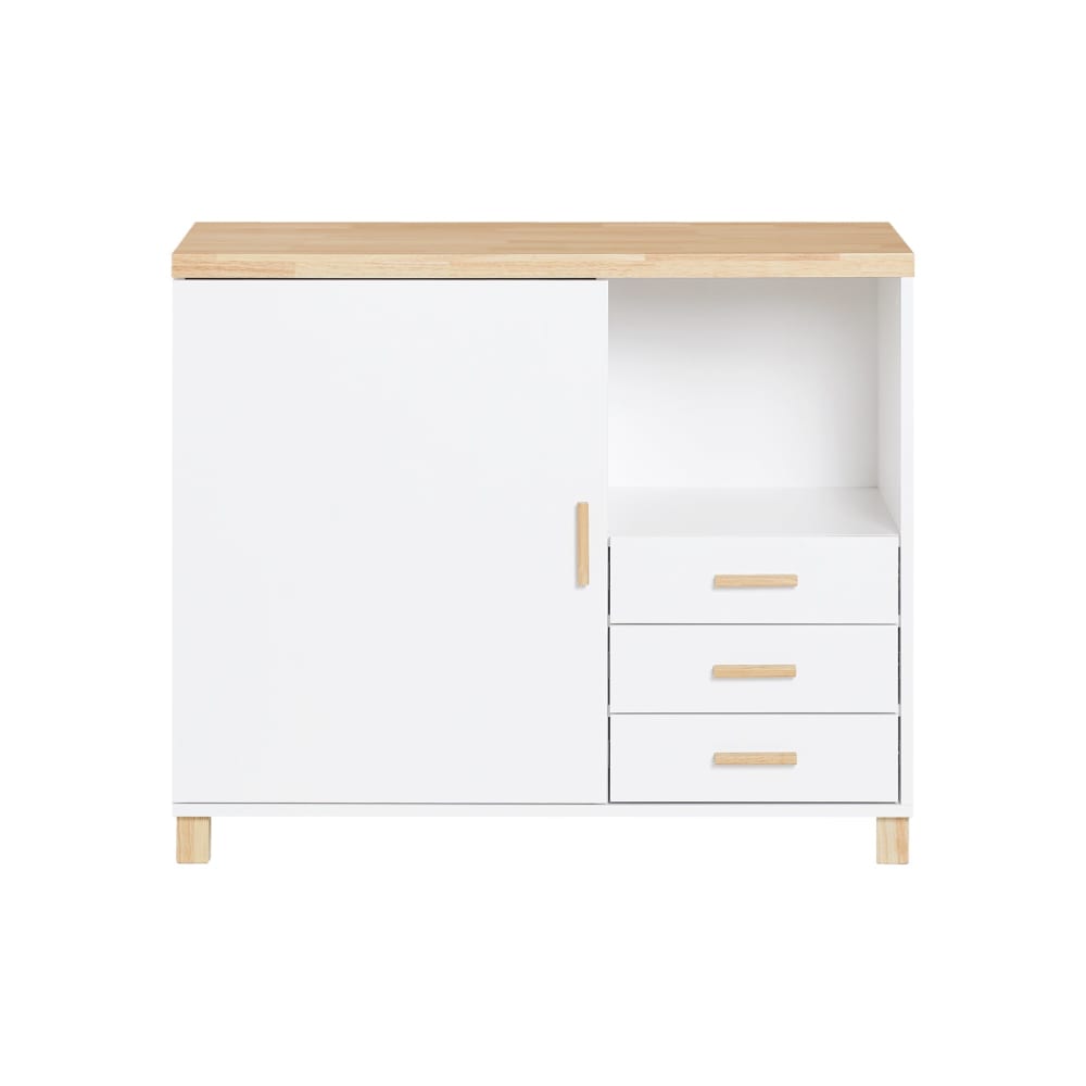 Caisson de bureau à roulettes effet bois blanc avec tiroirs et porte