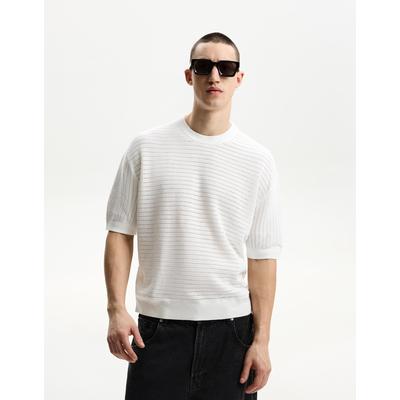 Bershka Short Sleeve Textured Weave T-Shirt Men L White