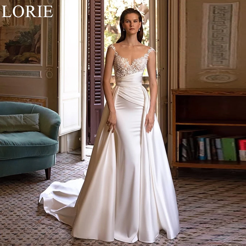 LORIE eleganti abiti da sposa in raso sirena scoop drappeggiato treno staccabile sposa abito da ballo applicazioni in pizzo abiti da sposa personalizzati