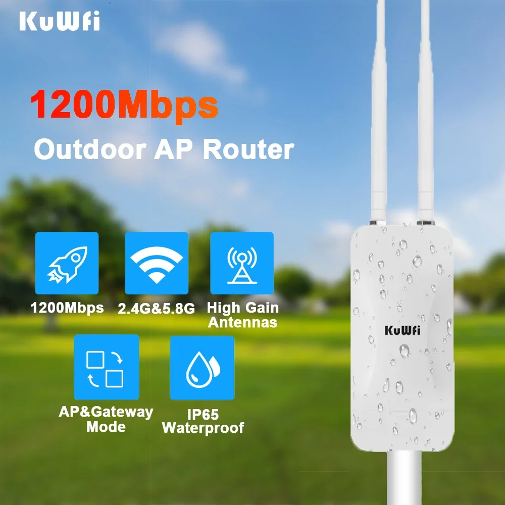 KuWFi 1200 Mbit/s Outdoor-AP-Router Dualband Wireless Wi-Fi Access Point mit externe Antenne mit hoher Verstärkung, unterstützt 24 V POE-Repeater Image