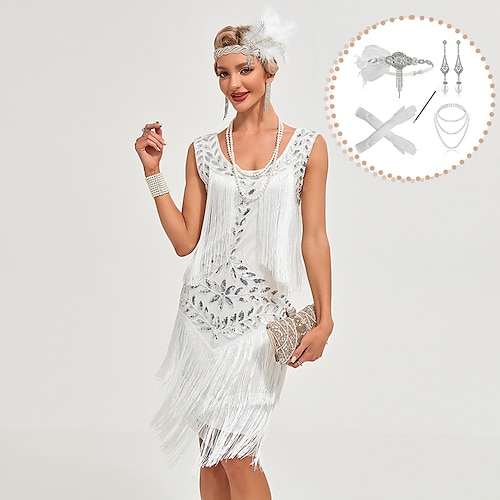 Setsmit Flapper-Kleid, Feder-Stirnband, Handschuhen, Halskette, 4 Stück, Roaring 20s, 1920er-Cocktailkleid, Maskerade, The Great Gatsby, Pailletten, Quaste, Fransen, Kostüme, Damenbekleidung, Image