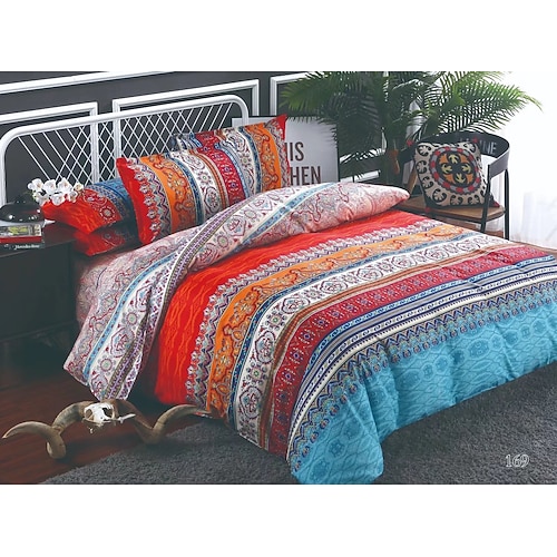 Bettbezug mit Blumenmotiv im Boho-Stil in voller Größe, Bettwäscheset mit böhmischen Linien, Bettsets mit aztekischen Linien, geometrischer Bettbezug, weicher, leichter Bettbezug mit 2 Kissenbezügen für den Sommer und Frühling Image