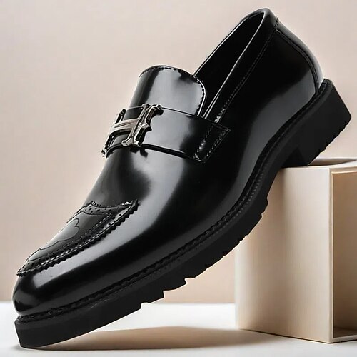 schwarz-goldene Slipper für Herren mit dekorativer Schnalle und Brogue-Details – stilvolle formelle Schuhe fürs Büro und besondere Anlässe Image