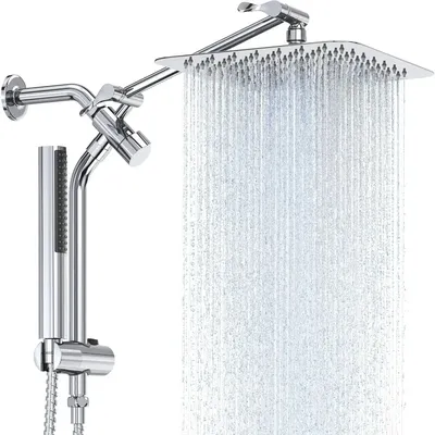 10'' All Metal Shower Head with Handheld Spray Combo, High Pressure Square Shower Heads with Wand &