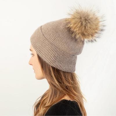 Anthropologie Accessories | Anthropologie Norla Canada Hat Faux Fur Pompom Alpaca Wool Rib Knit Beanie | Color: Tan | Size: Os