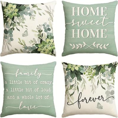 "TEMU 4pcs "" Eucalyptus Leaves Throw Pillow Covers, Green Linen Cushion Cases With Zipper Closure For Sofa, Machine Washable - Seasonal Motto, Throw Pillow Covers, Sofa Couch" Image