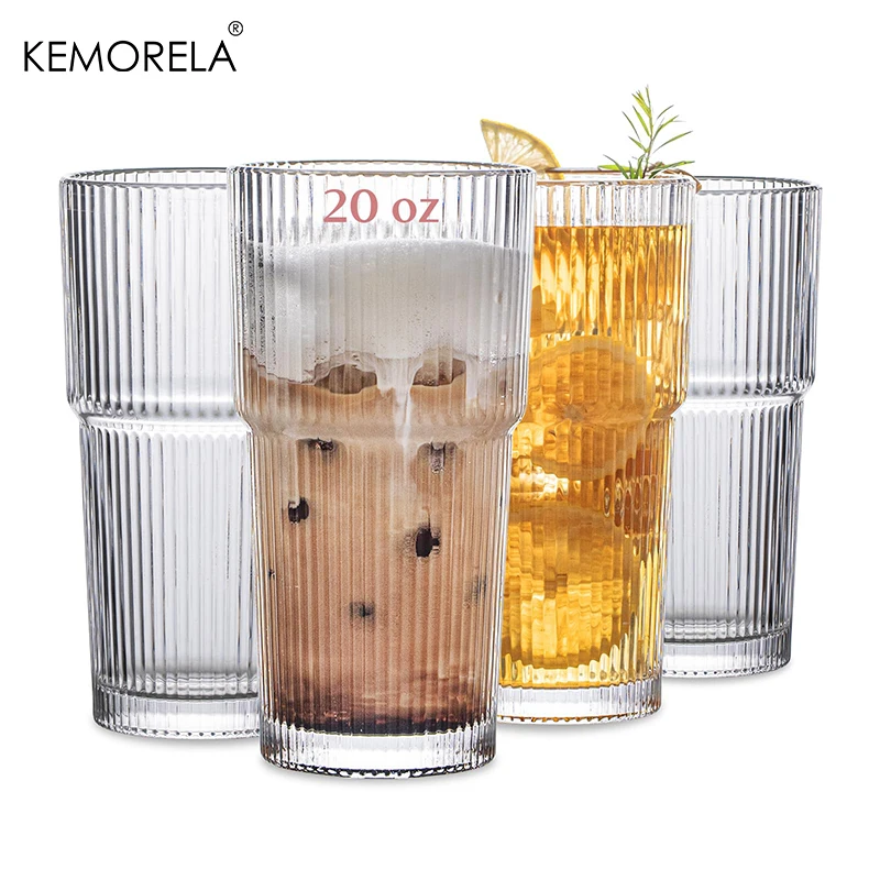 KEMORELA 2/4 Stück gerippter Glasbecher, 590 ml, großes Fassungsvermögen, Trinkgläser für Familientreffen, Eiskaffee, Saft und Cocktails Image