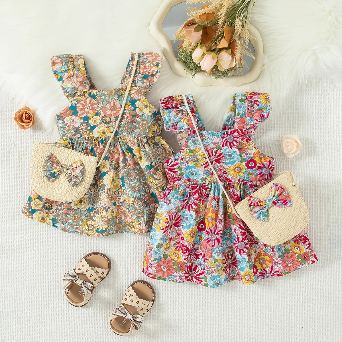 2-teiliges Sommerkleid für Babys, modisches Baumwollkleid mit Blumenmuster, mit Umhängetasche, geeignet für Babys im Alter von 0–3 Jahren Image