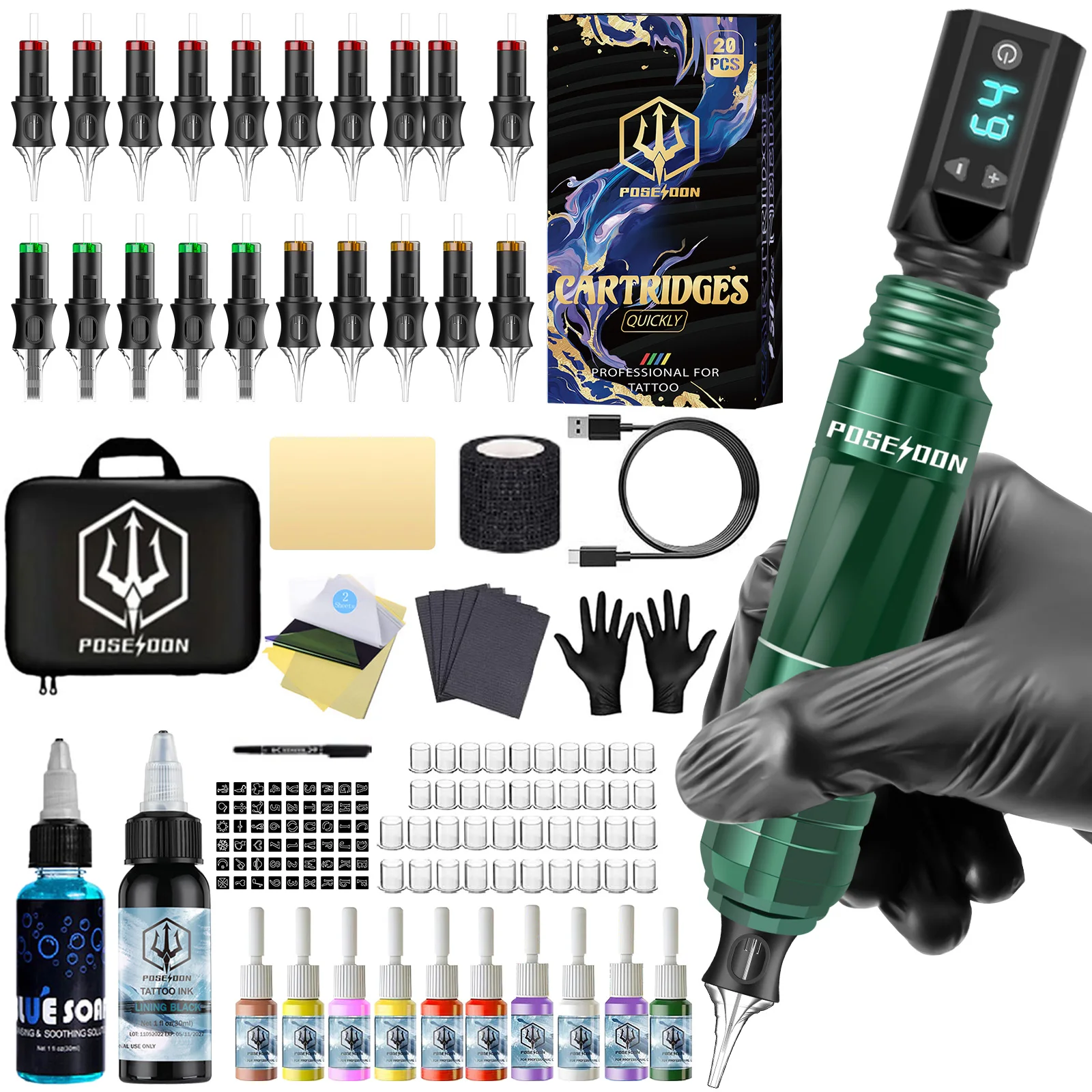 Tattoo Kit POSEIDON V5 Grün Tattoo Stift Kit Für Permanent Make-Up Tattoo Maschine Kit Gute Qualität Tattoo Netzteil Tattoo Gun Image
