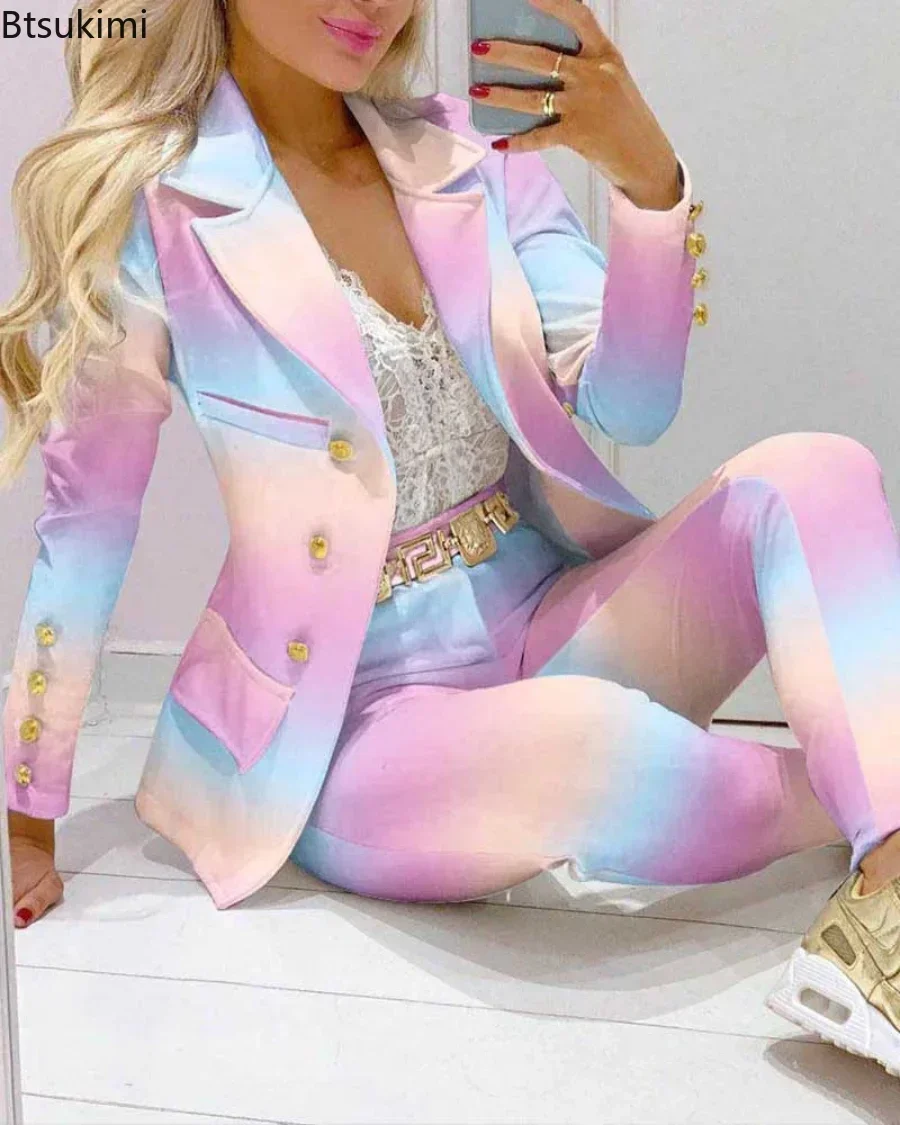 Set da due pezzi da donna Tute da ufficio formali da lavoro per abiti da donna Abiti eleganti blazer Giacca + pantaloni Set da donna stampato