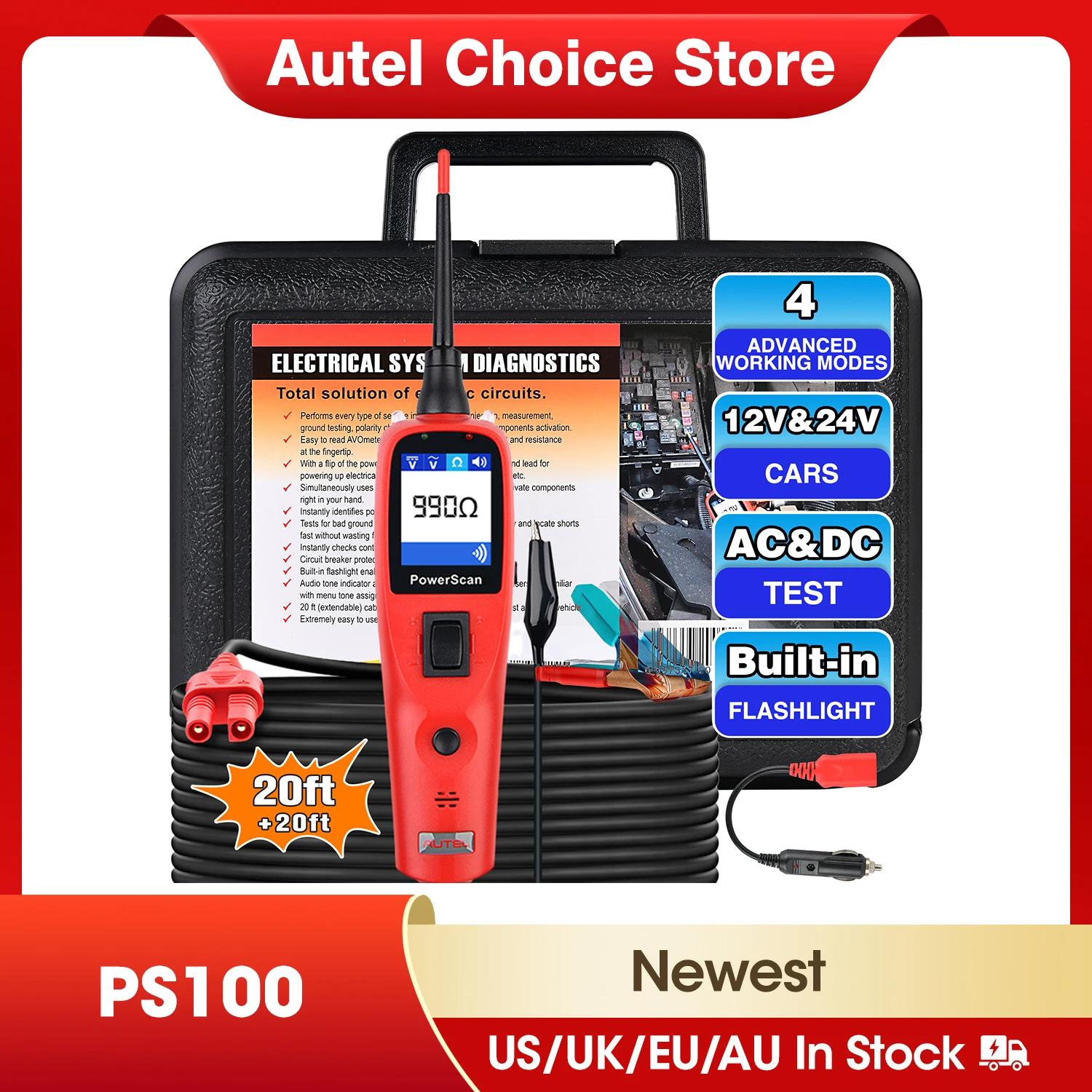 Autel PowerScan PS100 12V 24V Elektrische System Auto Circuit-Tester Power Probe BMS Short Open Finder Auto reparatur Diagnose Werkzeuge Image