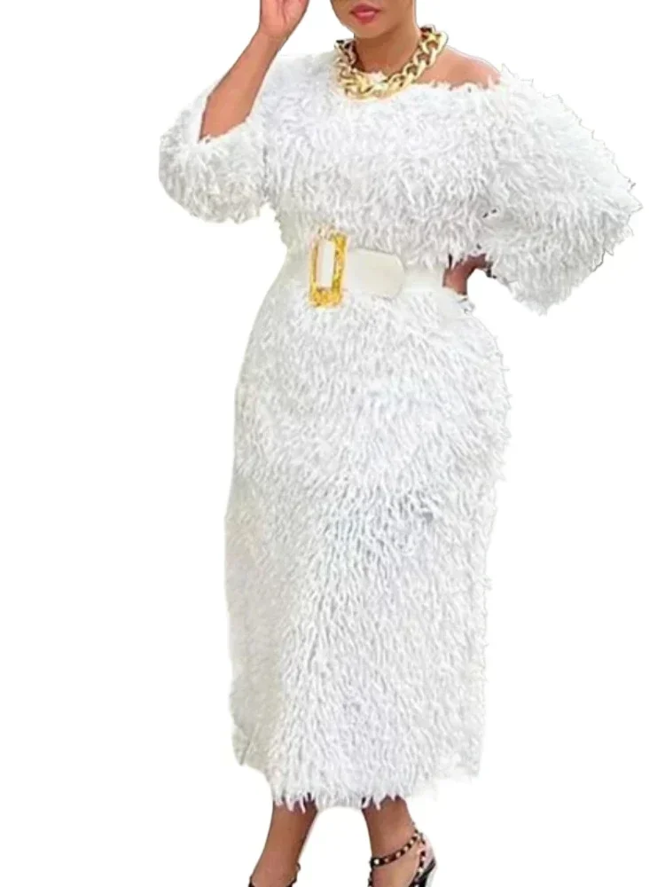 2025, Damen-Kleider aus weißem Fell, 3/4-Ärmel, Quaste, elegantes, flauschiges Midikleid mit Gürtel, Herbst-Winter, Luxus-Party-Club-Nachtkleider