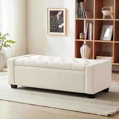 Ottoman with Storage, Storage Ottoman Bench with Safety Hinge, Upholstered Storage Bench with