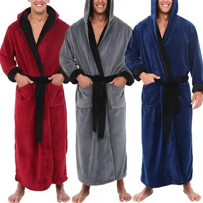 Korallen Fleece Männer Bademantel Weiche Flanell Lange Robe Taille Strap Kimono Kleid Winter Image