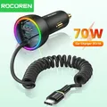 Caricabatteria da auto Rocoren USB C da 70 W con cavo LED a molla Adattatore di ricarica per auto USBBC di tipo C a ricarica rapida per iPhone 16 15 Pro Max Xiaomi